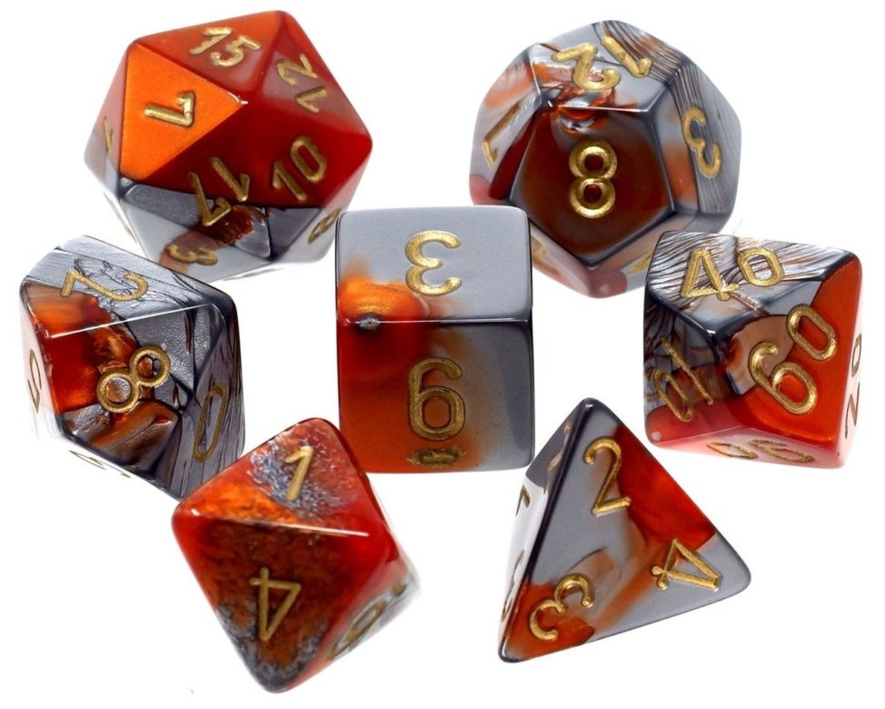 Dés en boite Gemini Orange-Steel w/gold