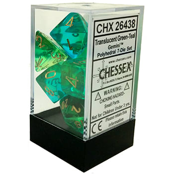 Dés en boite Gemini Translucent Green-Teal w/yellow